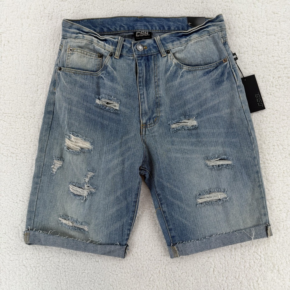 CSG Denim Shorts Mens 32 Blue Distressed Cuffed Jean Cutoff‎ Cotton Casual